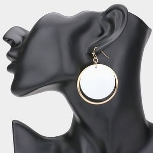 Gold and White 2.3" Mother of Pearl Round Drop Hoop Dangle Earrings